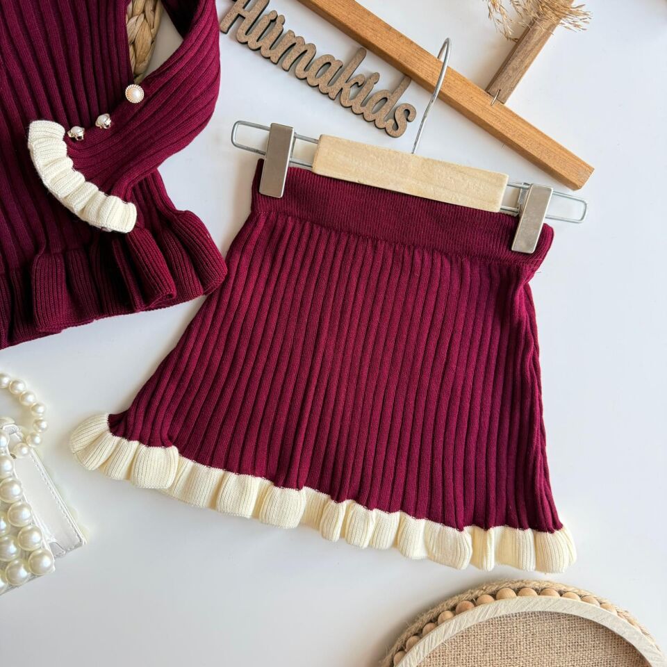 Bordo Triko Etekli Takım (Çanta Hediyeli) 2-3 YAŞ