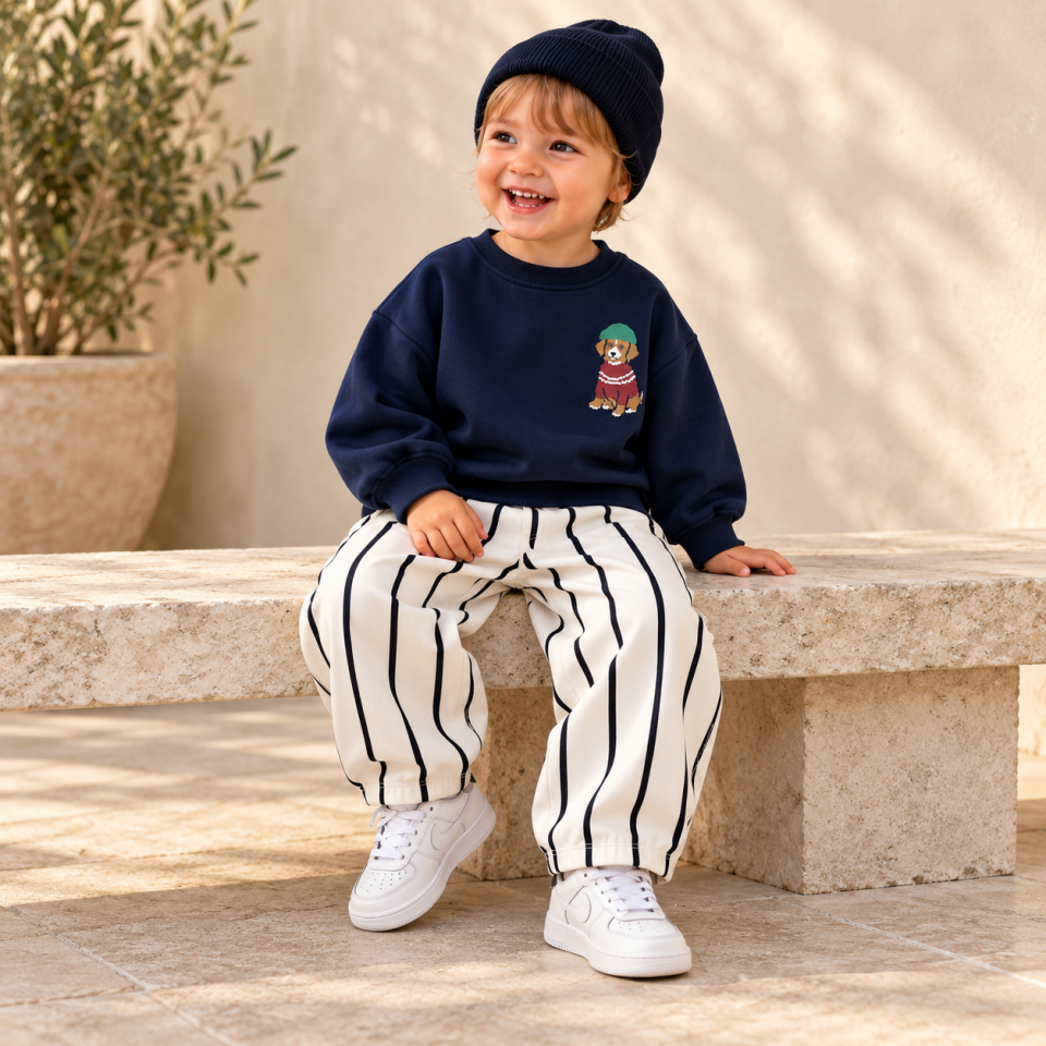 Lacivert Dog Baskılı Gabardin Pantolonlu Takım 9-10 YAŞ