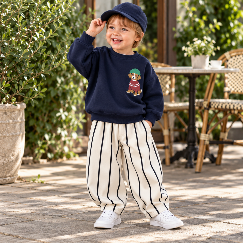 Lacivert Dog Baskılı Gabardin Pantolonlu Takım 9-10 YAŞ