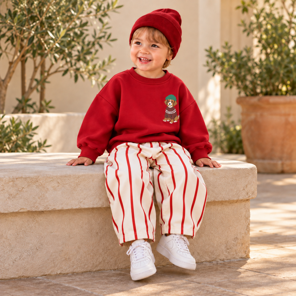 Kırmızı Dog Baskılı Gabardin Pantolonlu Takım 9-10 YAŞ