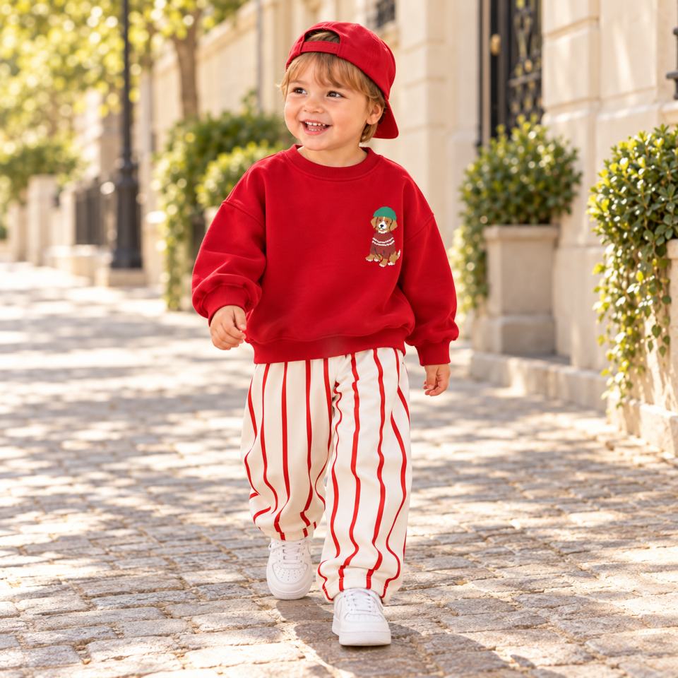 Kırmızı Dog Baskılı Gabardin Pantolonlu Takım 9-10 YAŞ
