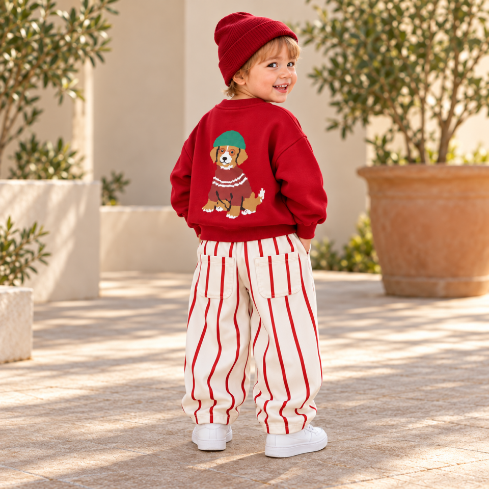 Kırmızı Dog Baskılı Gabardin Pantolonlu Takım 9-10 YAŞ
