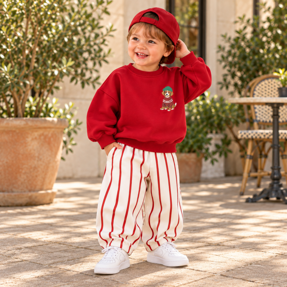 Kırmızı Dog Baskılı Gabardin Pantolonlu Takım 9-10 YAŞ