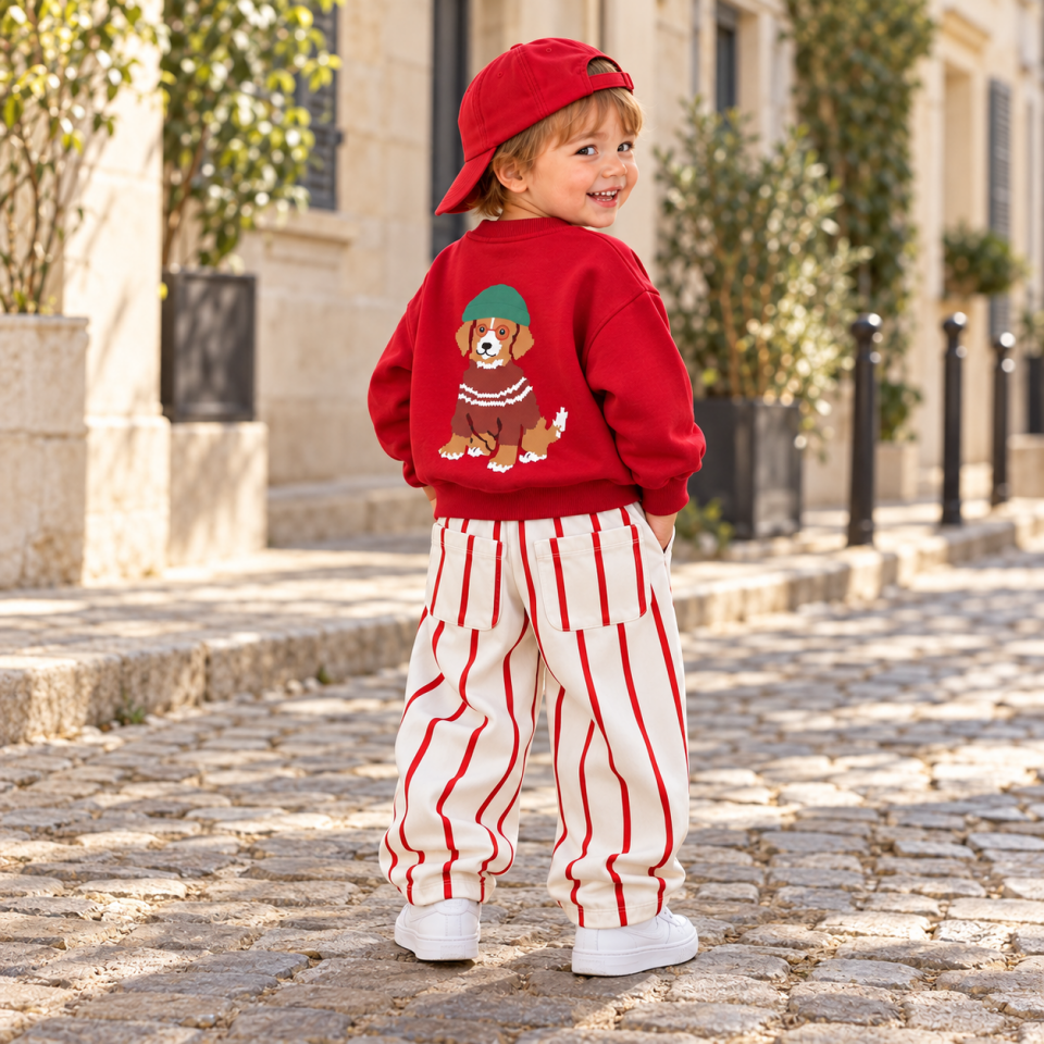 Kırmızı Dog Baskılı Gabardin Pantolonlu Takım 9-10 YAŞ