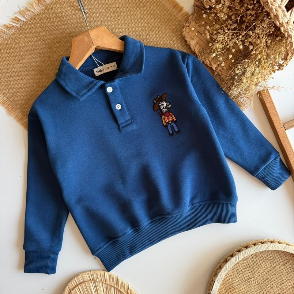 Mavi Polo Yaka Sweatshirt 7-8 YAŞ