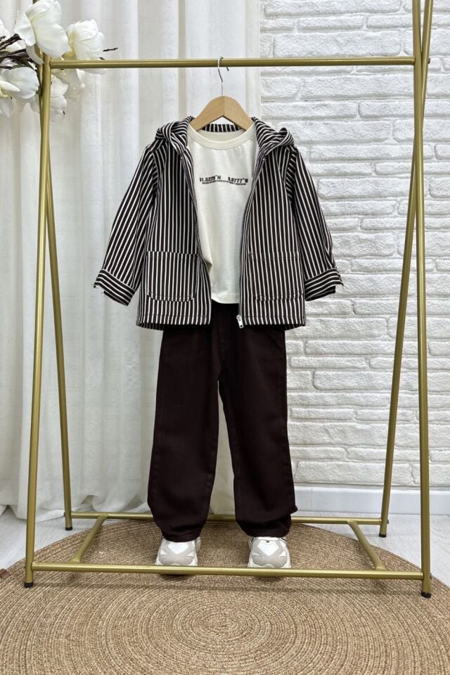 3'lü Çizgili Kahve Denim Takım 2-3 YAŞ