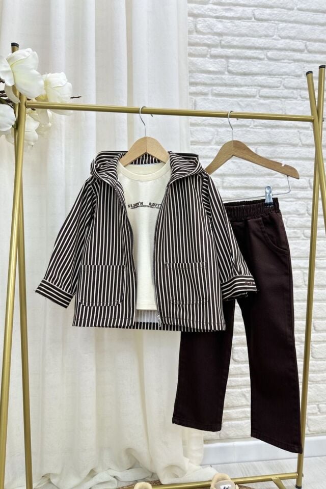 3'lü Çizgili Kahve Denim Takım 2-3 YAŞ