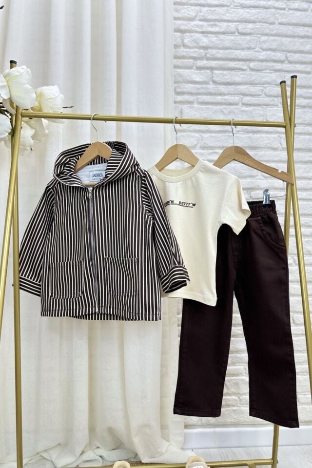 3'lü Çizgili Kahve Denim Takım 2-3 YAŞ