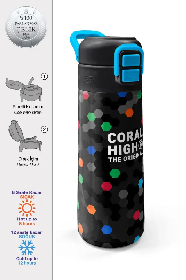 Coral High Kids Siyah Renkli Petek Desenli Pipetli ve Direkt İçim Çelik Termos 500 ml 38110 Adet