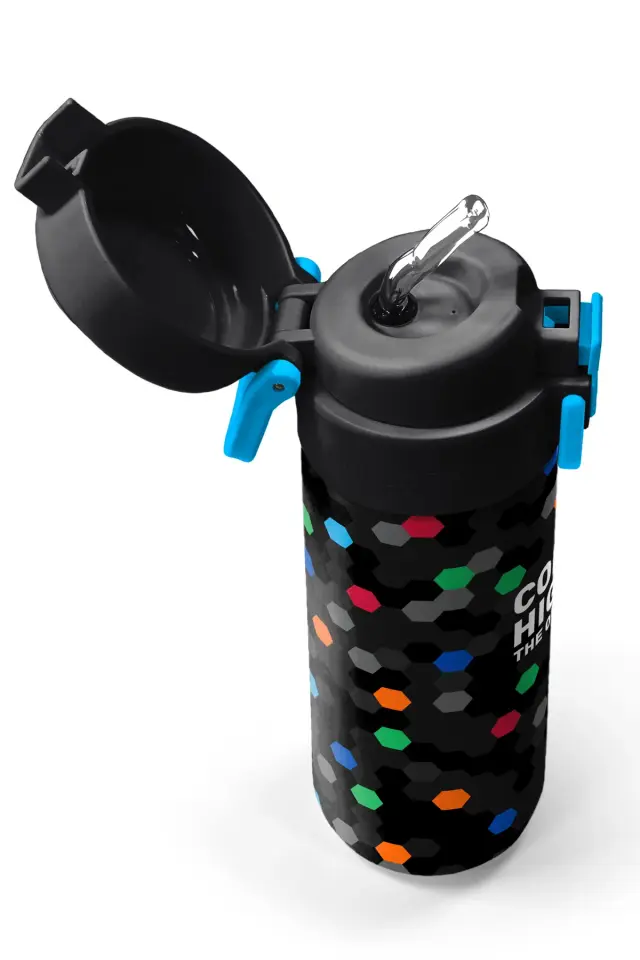 Coral High Kids Siyah Renkli Petek Desenli Pipetli ve Direkt İçim Çelik Termos 500 ml 38110 Adet