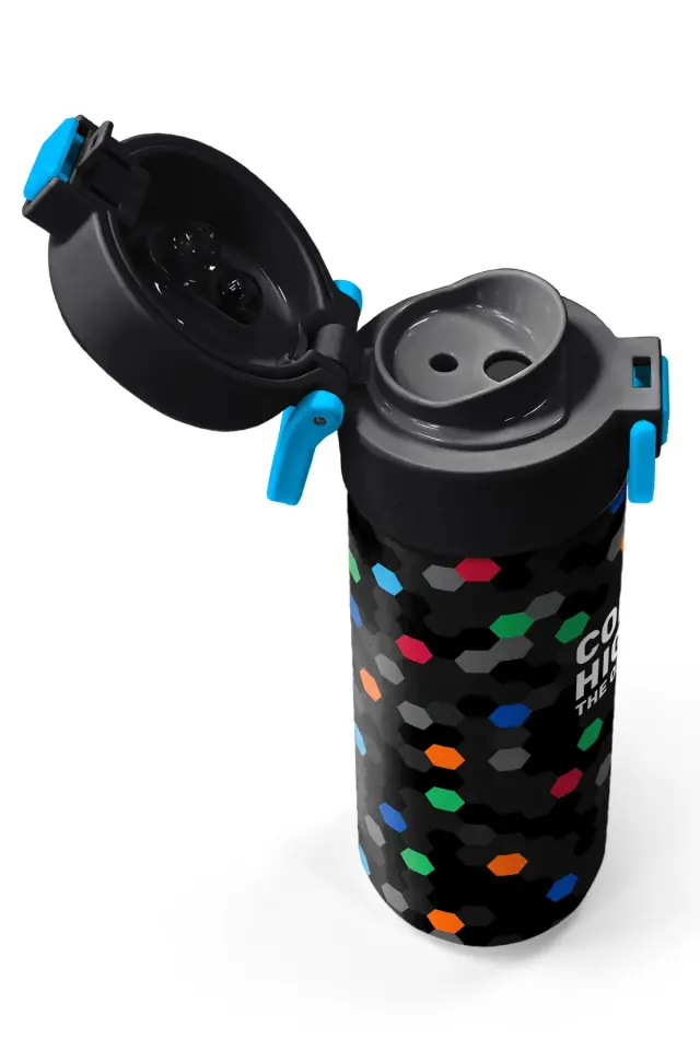 Coral High Kids Siyah Renkli Petek Desenli Pipetli ve Direkt İçim Çelik Termos 500 ml 38110 Adet