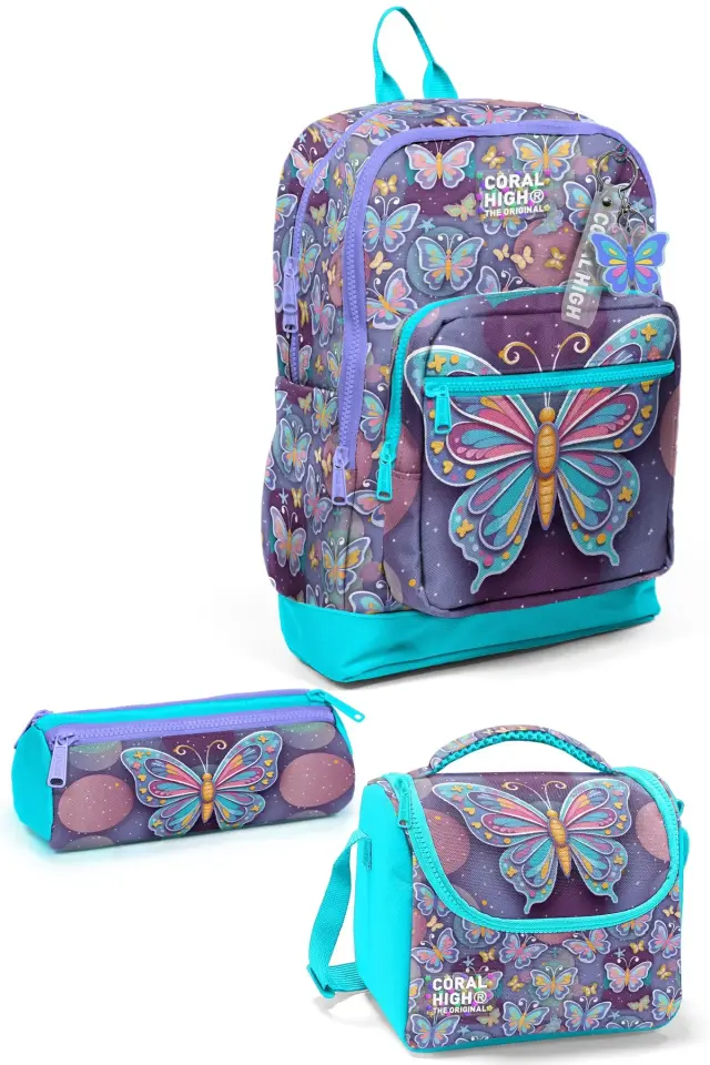 Coral High Kids Pastel Renkli Kelebek Desenli Desenli 3’lü Okul Çanta Seti SET0133206 Adet