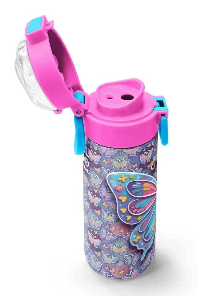 Coral High Kids Pastel Renkli Kelebek Desenli Pipetli ve Direkt İçim Çelik Termos 500 ml 38106 Adet