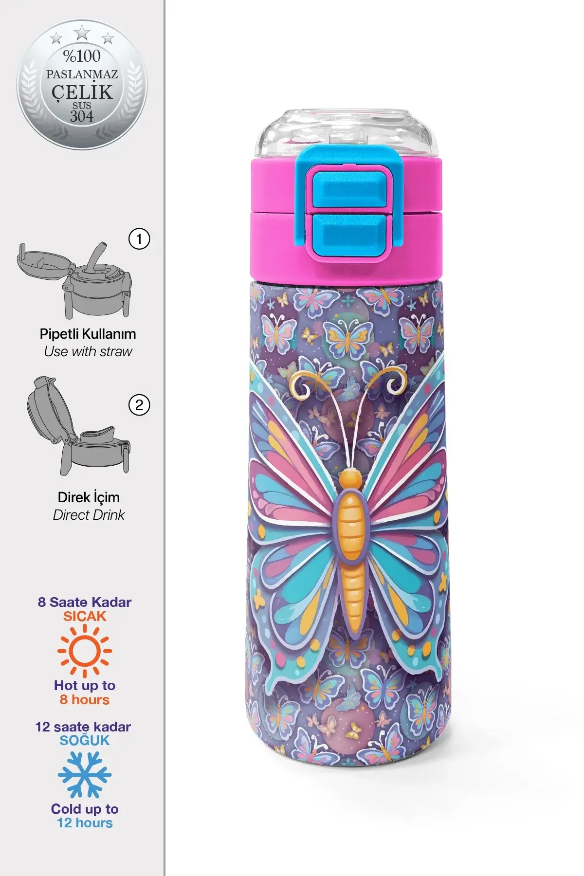 Coral High Kids Pastel Renkli Kelebek Desenli Pipetli ve Direkt İçim Çelik Termos 500 ml 38106 Adet