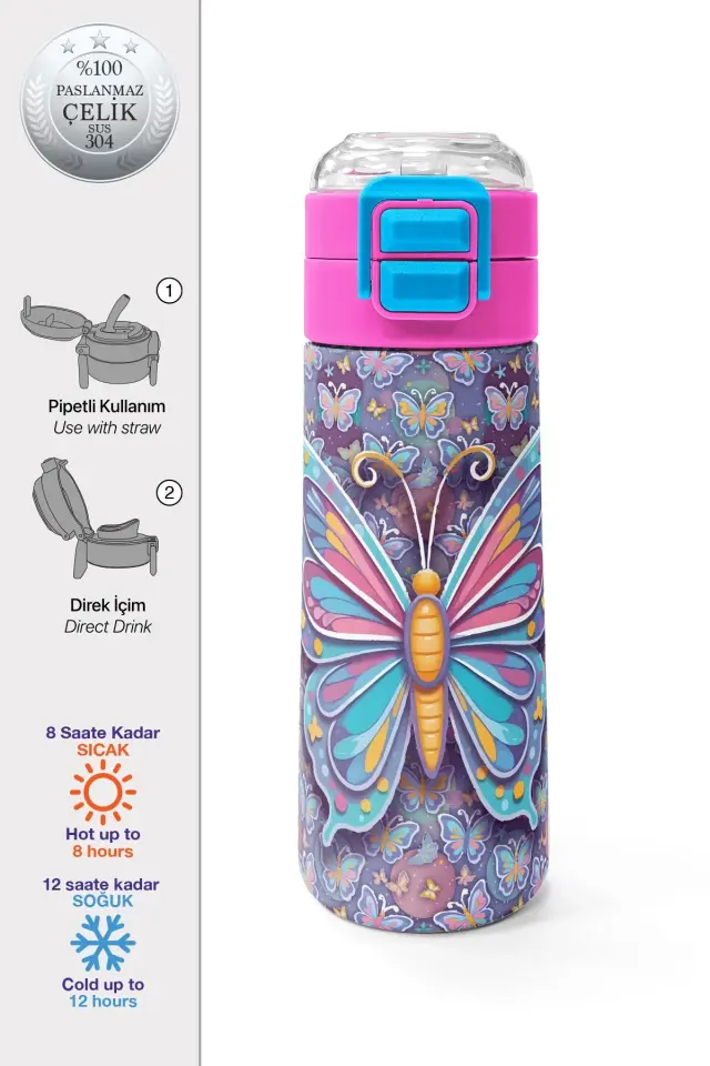 Coral High Kids Pastel Renkli Kelebek Desenli Pipetli ve Direkt İçim Çelik Termos 500 ml 38106 Adet