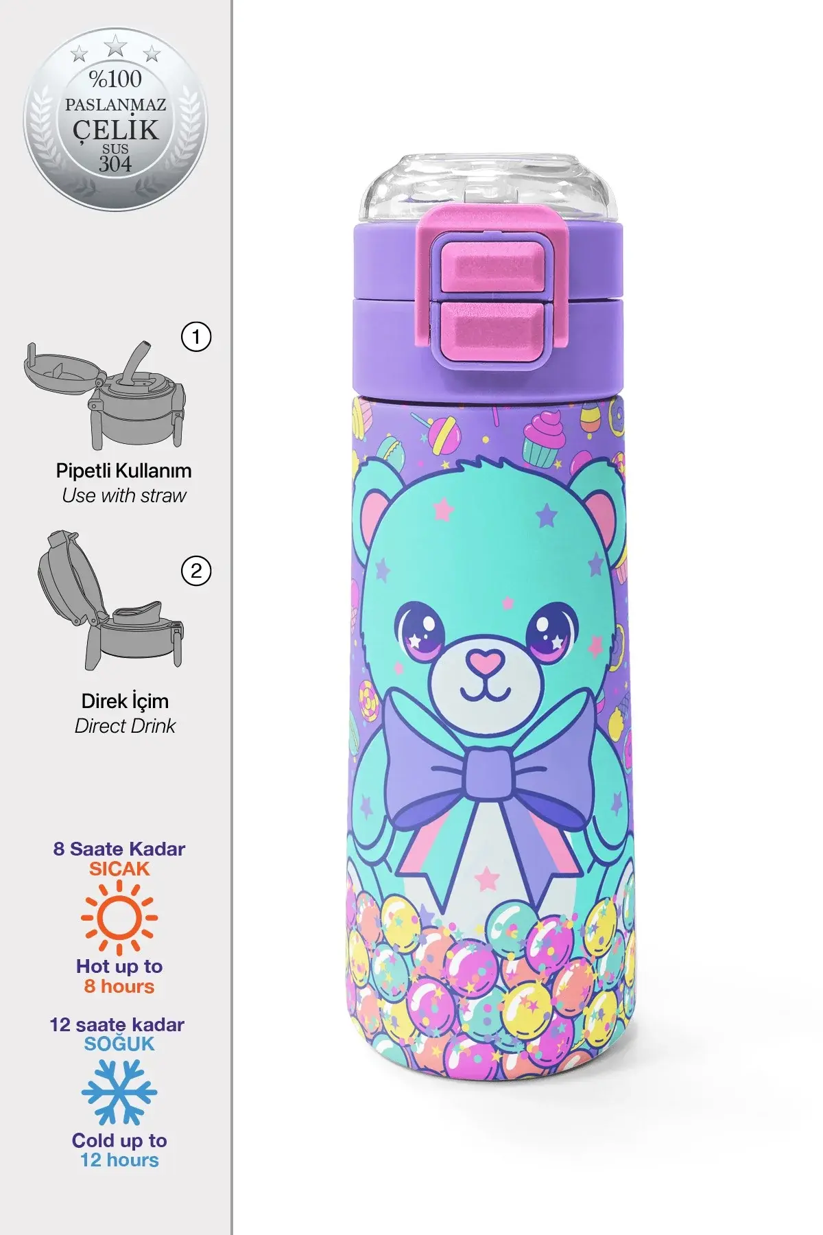 Coral High Kids Milka Şeker Ayıcık Desenli Pipetli ve Direkt İçim Çelik Termos 500 ml 38105 Adet