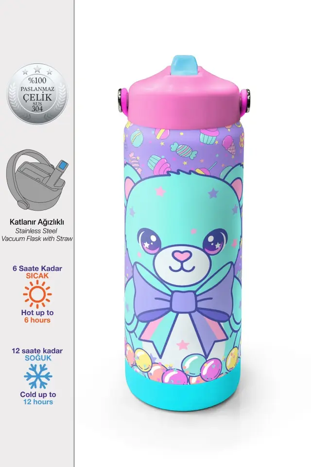 Coral High Kids Milka Şeker Ayıcık Desenli Pipetli ve Direkt İçim Çelik Termos 500 ml 38105 Adet