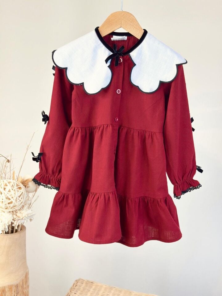 Bordo fiyonklu Elbise 7-8 YAŞ