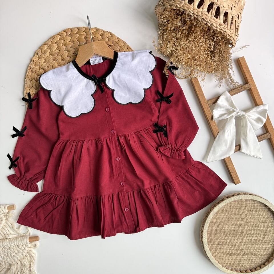 Bordo fiyonklu Elbise 7-8 YAŞ