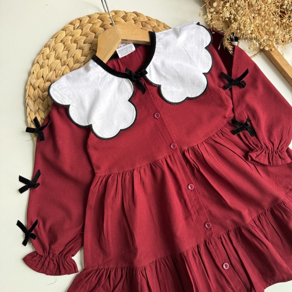 Bordo fiyonklu Elbise 7-8 YAŞ