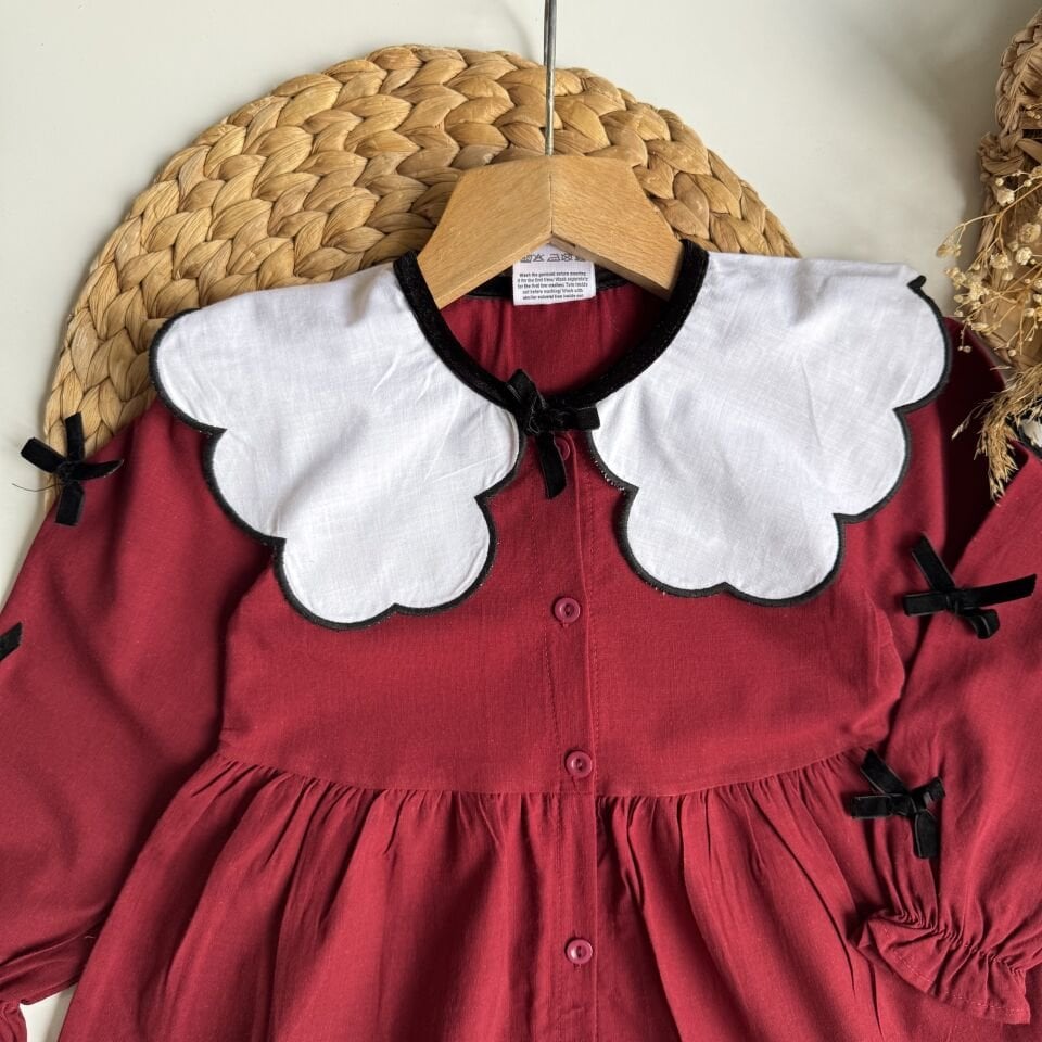 Bordo fiyonklu Elbise 7-8 YAŞ