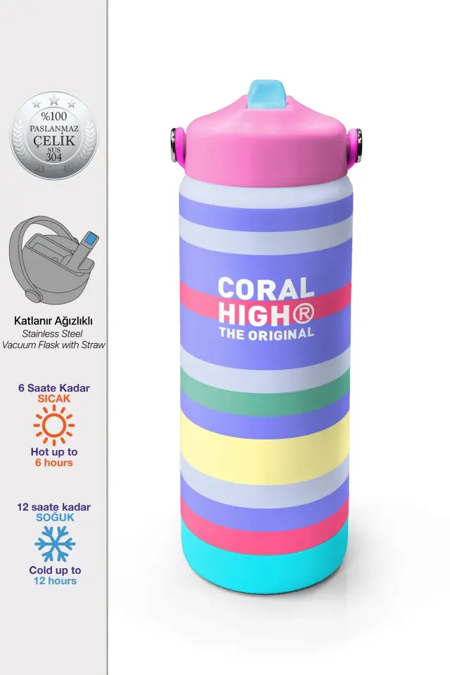 Coral High Milka Gri Sarı Çizgi Desenli Katlanır Ağızlıklı Çelik Termos 650 ml 38302 Adet