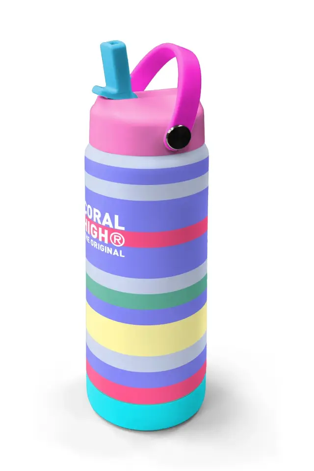 Coral High Milka Gri Sarı Çizgi Desenli Katlanır Ağızlıklı Çelik Termos 650 ml 38302 Adet