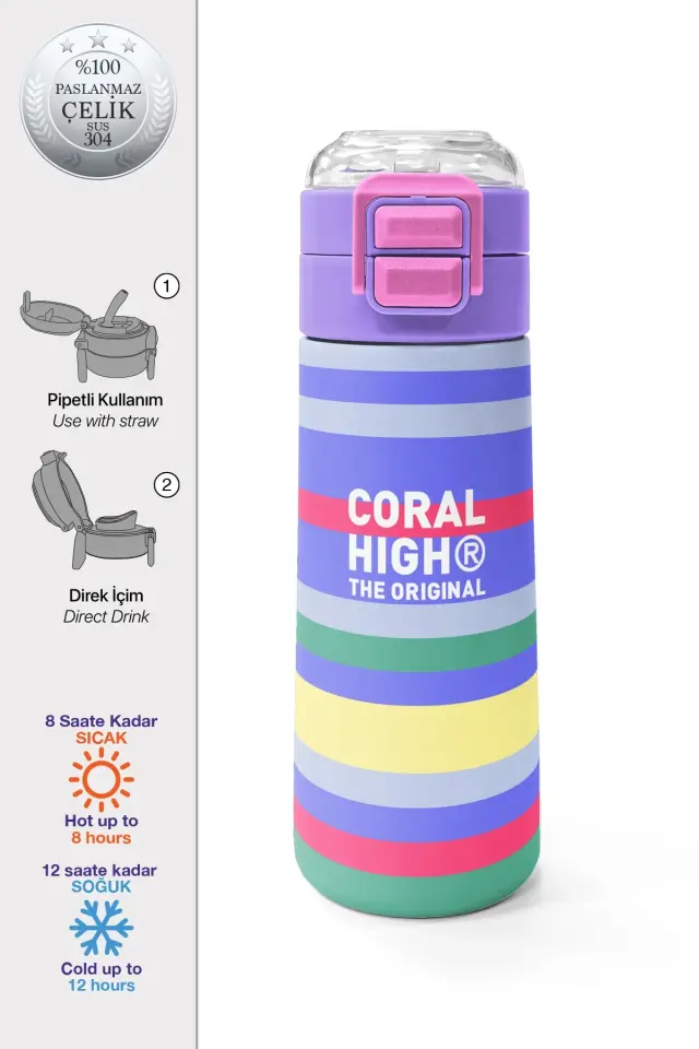 Coral High Kids Milka Gri Sarı Çizgi Desenli Pipetli ve Direkt İçim Çelik Termos 500 ml 38102 Adet