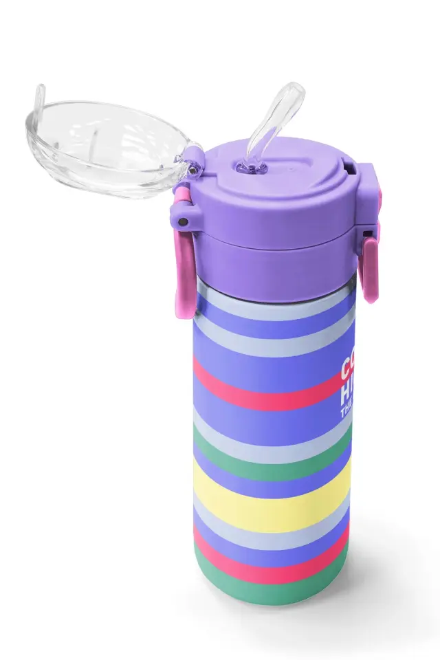 Coral High Kids Milka Gri Sarı Çizgi Desenli Pipetli ve Direkt İçim Çelik Termos 500 ml 38102 Adet