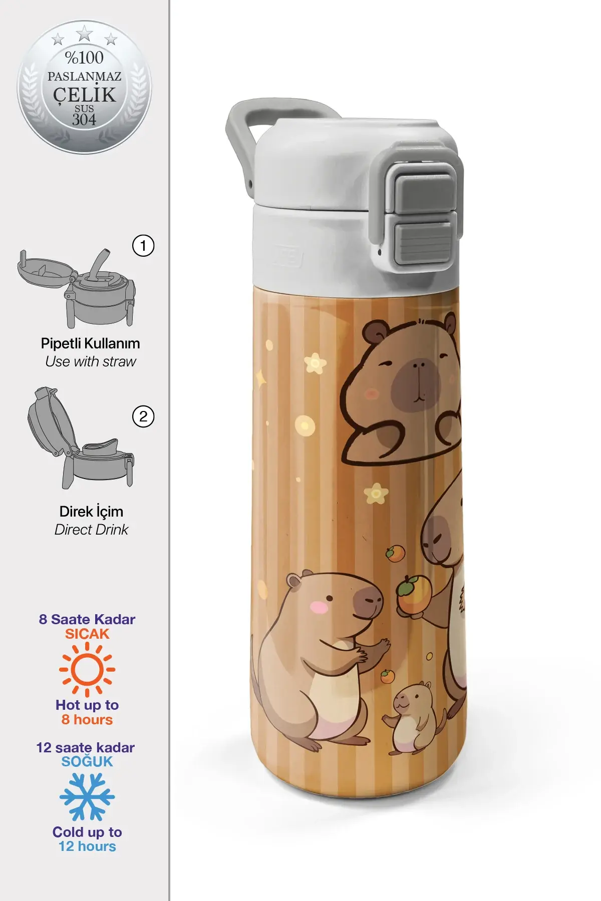 Coral High Kids Kapibara Desenli Pipetli ve Direkt İçim Çelik Termos 500 ml 31790 Adet