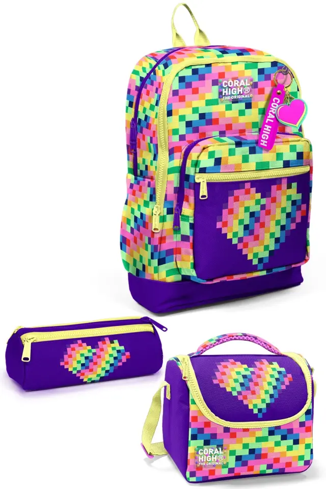 Coral High Kids Çok Renkli Piksel Kalp Desenli 3’lü Okul Çanta Seti SET0133208 Adet