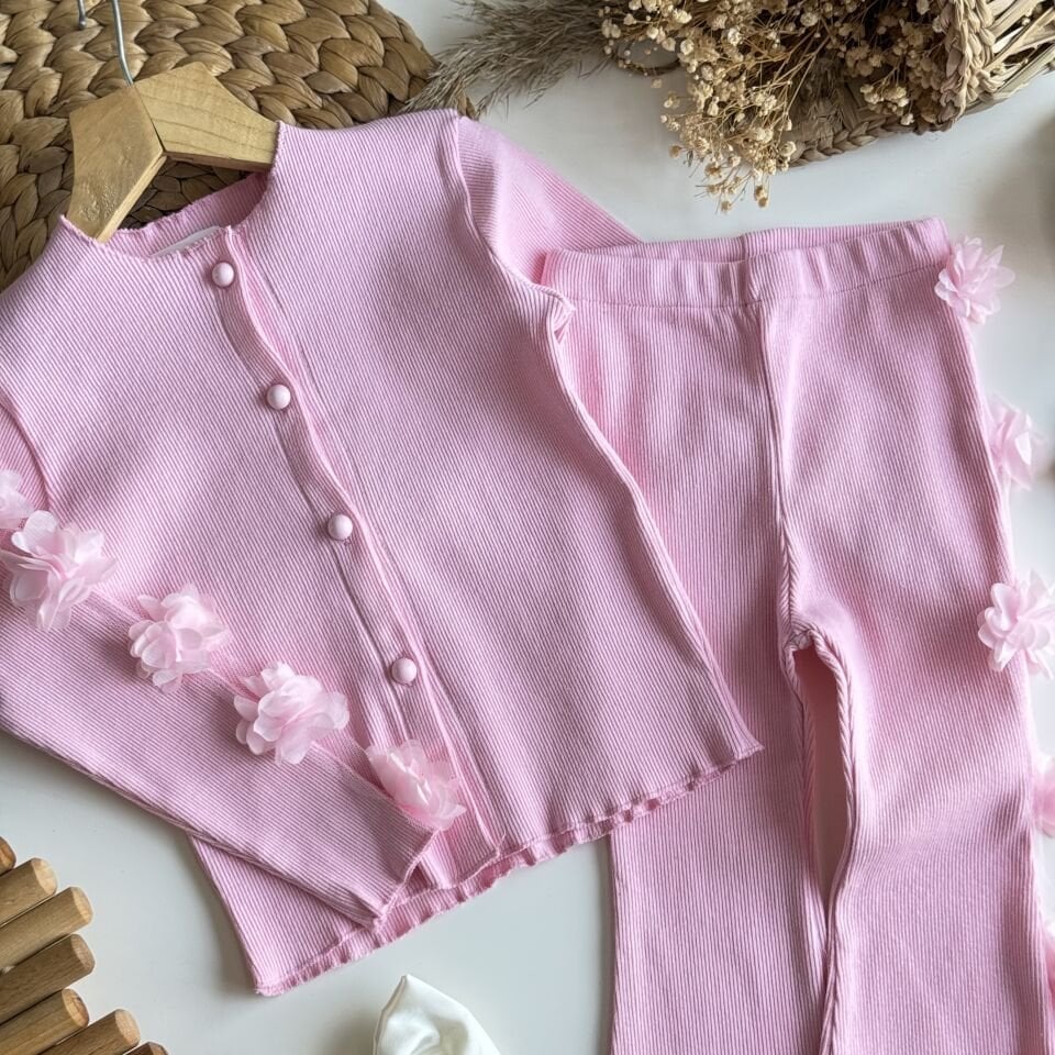 Pembe Çiçekli İspanyol Paça Taytlı Takım