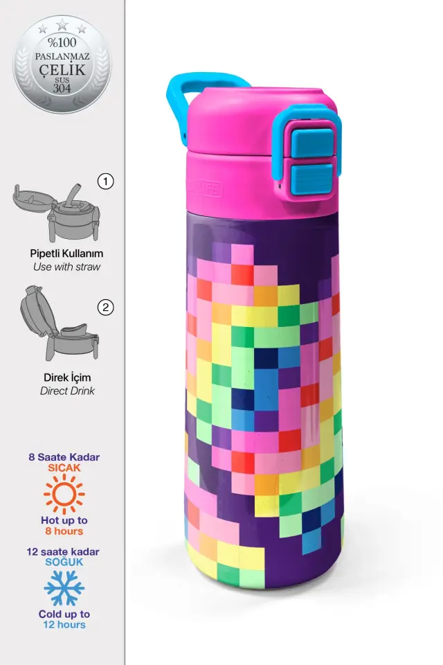Coral High Kids Çok Renkli Piksel Kalp Desenli Pipetli ve Direkt İçim Çelik Termos 500 ml 38108 Adet
