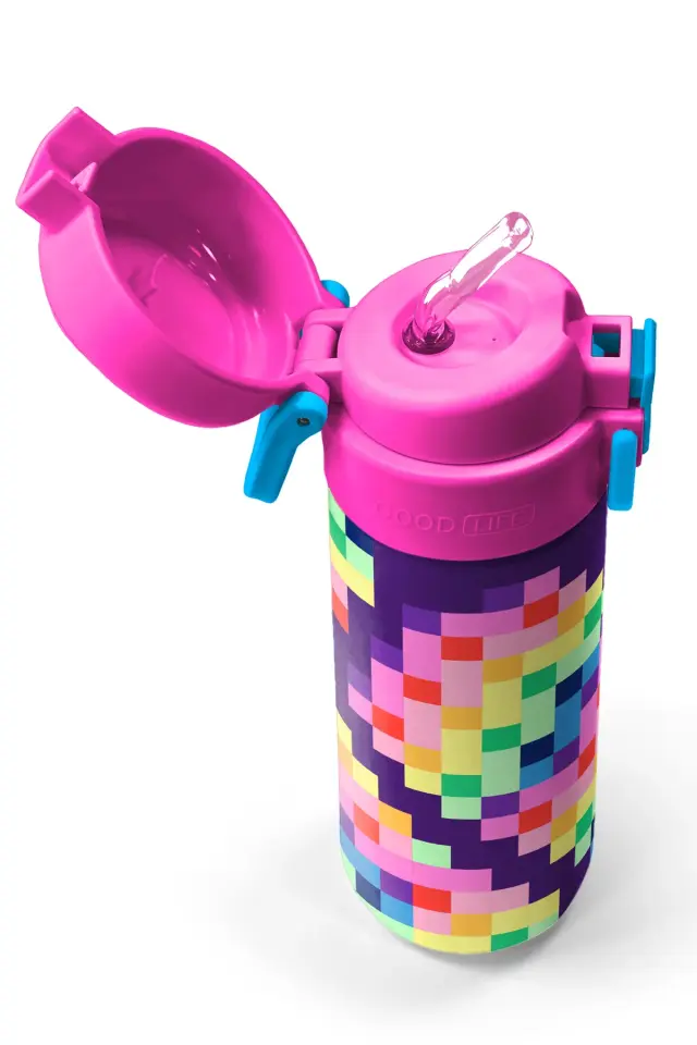 Coral High Kids Çok Renkli Piksel Kalp Desenli Pipetli ve Direkt İçim Çelik Termos 500 ml 38108 Adet