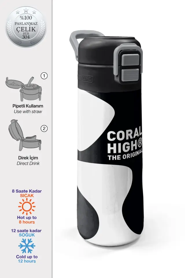 Coral High Kids Siyah Beyaz Desenli Pipetli ve Direkt İçim Çelik Termos 500 ml 31887 Adet