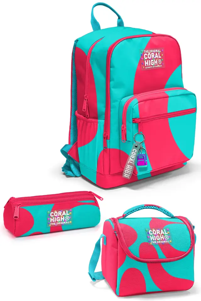 Coral High Neon Mercan Turkuaz Desenli 3’lü Okul Çanta Seti SET0123685 Adet