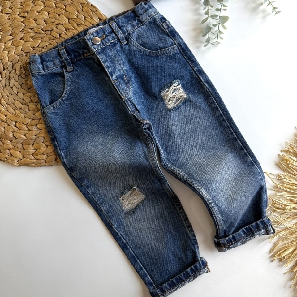 Unisex Yırtık Paça Jean