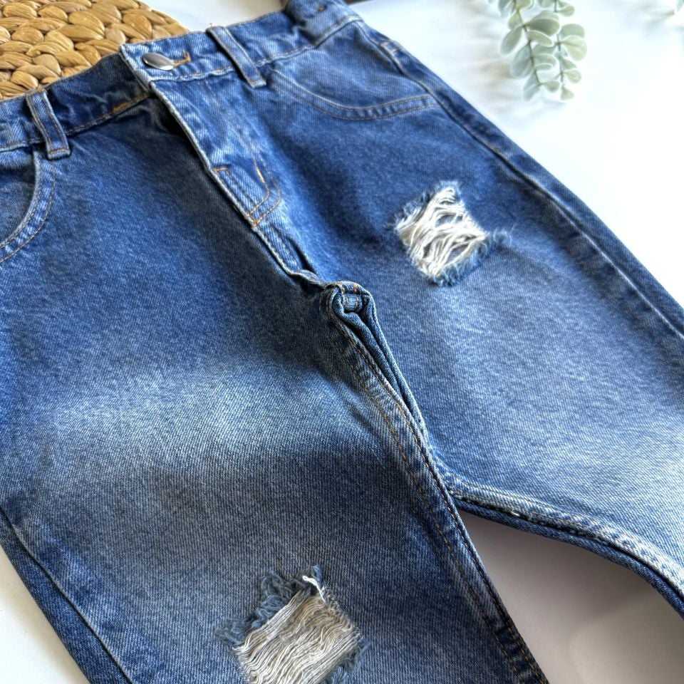 Unisex Yırtık Paça Jean