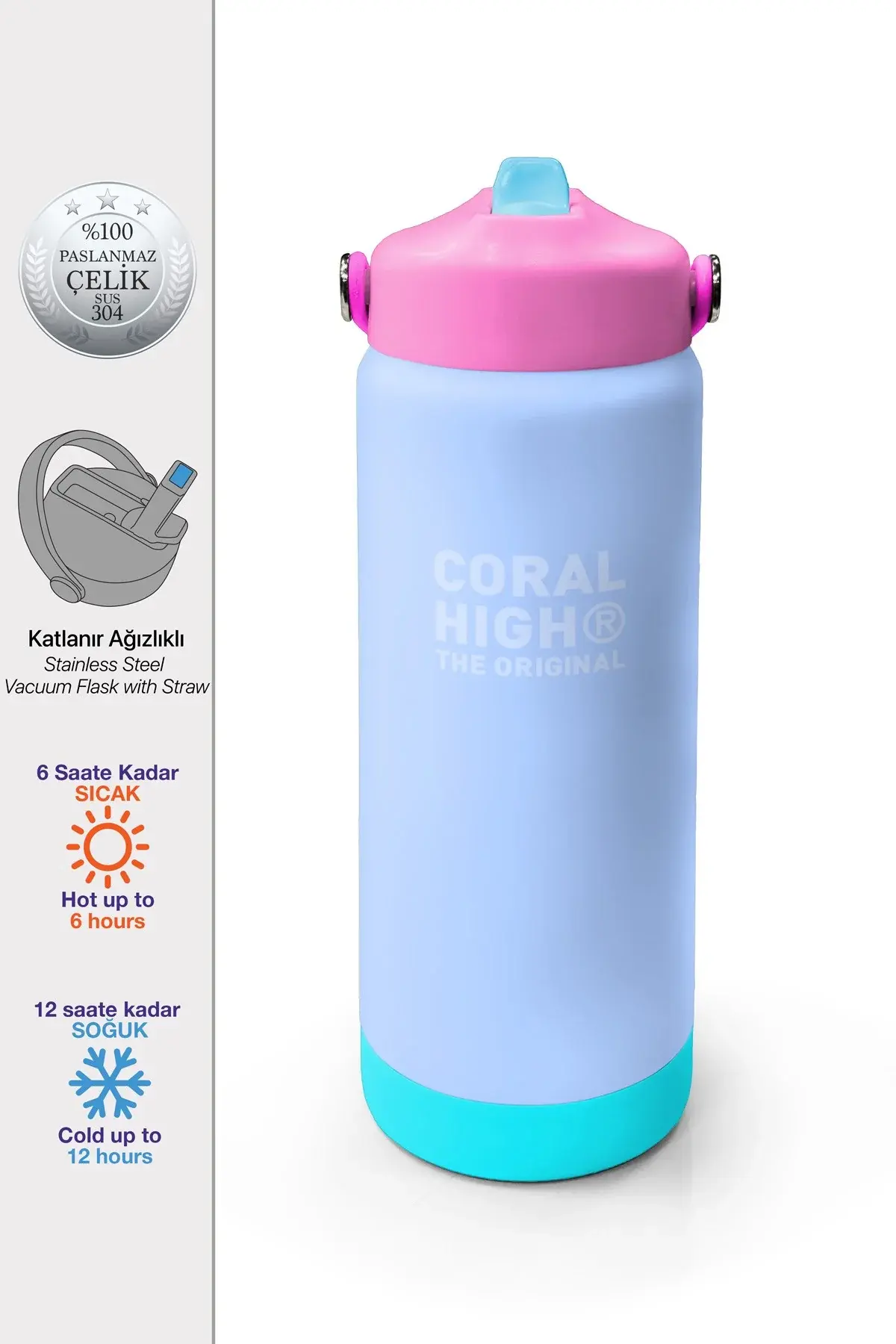 Coral High Renkli Buz Mavisi Desenli Katlanır Ağızlıklı Çelik Termos 650 ml 38359 Adet