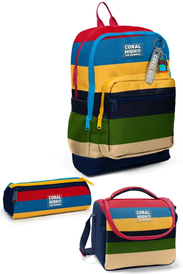 Coral High Kids Lacivert Sarı Kırmızı Çizgi Desenli 3’lü Okul Çanta Seti SET0133212 Adet