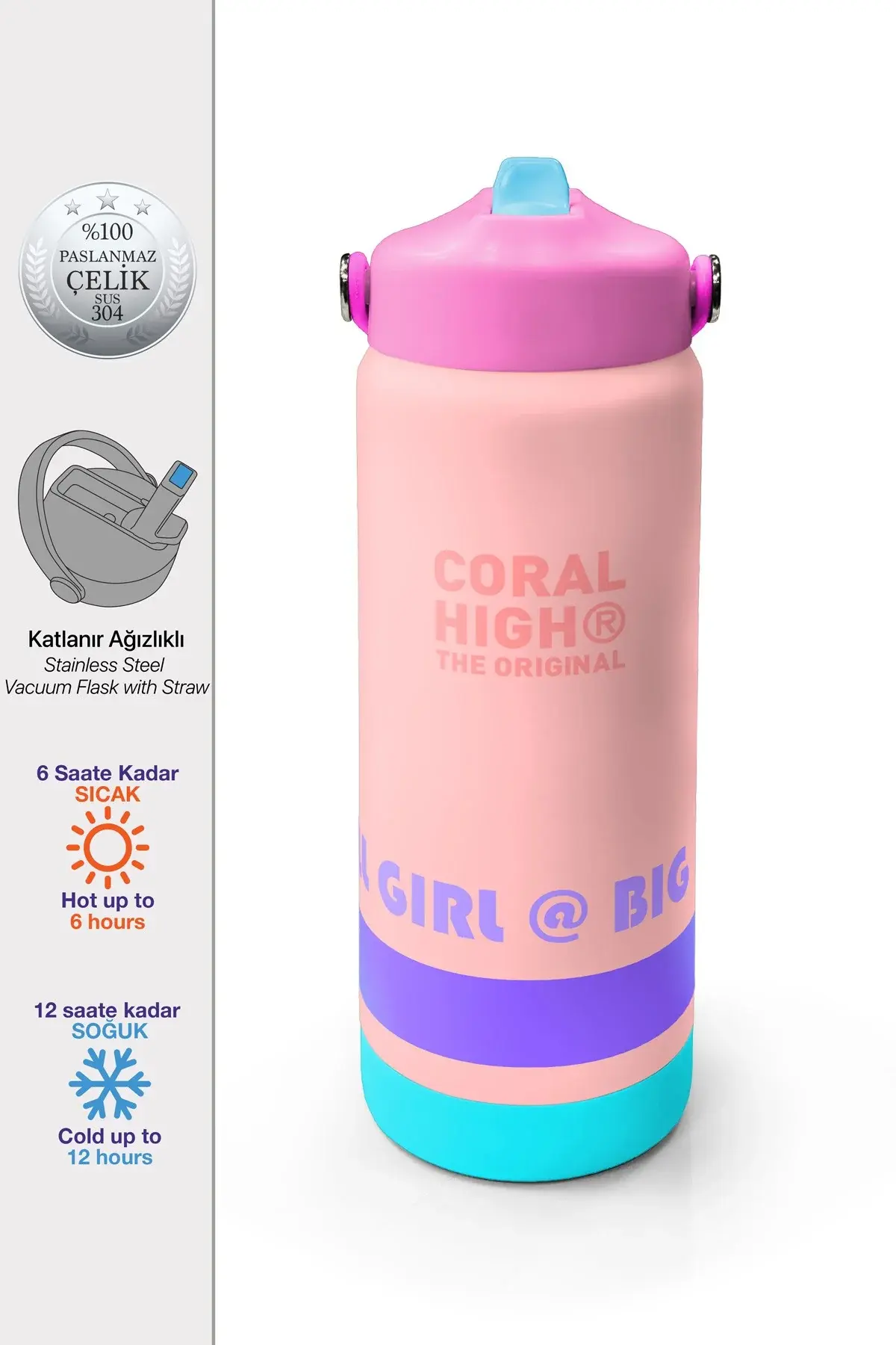 Coral High Renkli Pembe Desenli Katlanır Ağızlıklı Çelik Termos 650 ml 38369 Adet