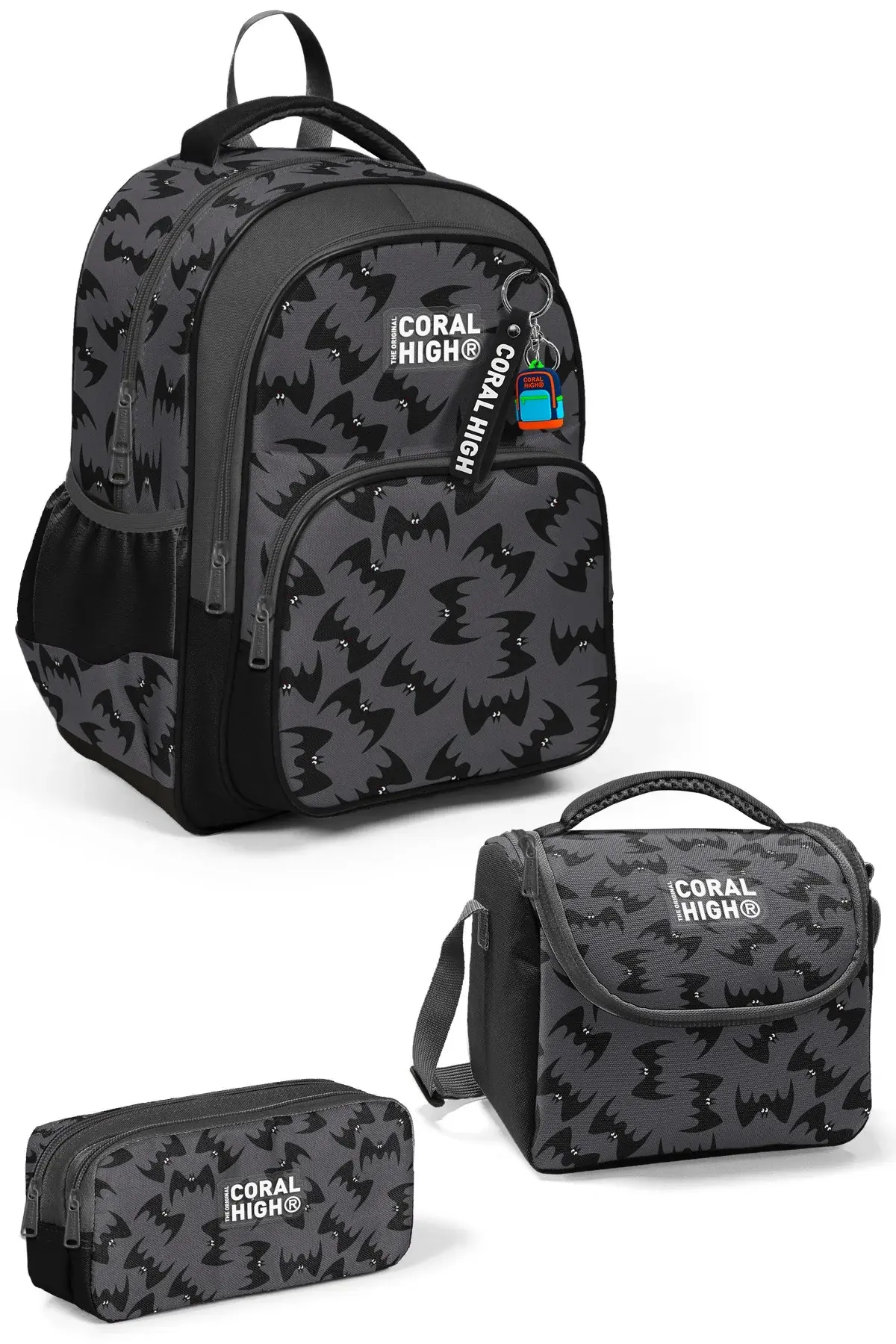 Coral High Kids Gri Siyah Yarasa Desenli 3'lü Okul Çanta Seti SET0133244 Adet