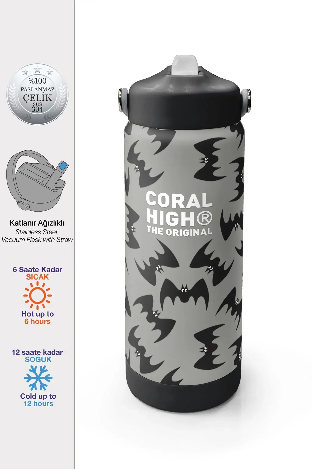 Coral High Gri Siyah Yarasa Desenli Katlanır Ağızlıklı Çelik Termos 650 ml 38326 Adet