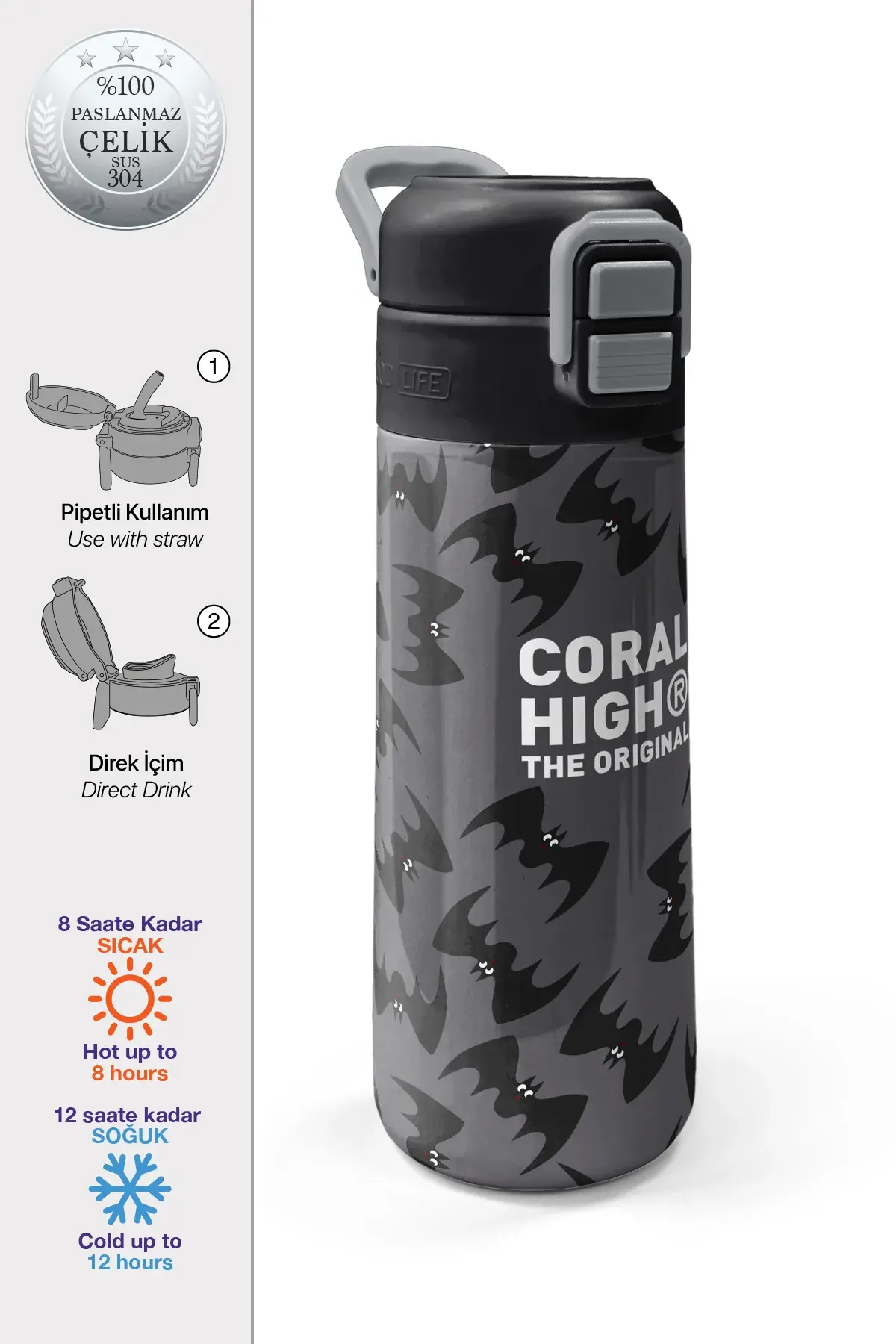 Coral High Kids Gri Siyah Yarasa Desenli Pipetli ve Direkt İçim Çelik Termos 500 ml 38126 Adet