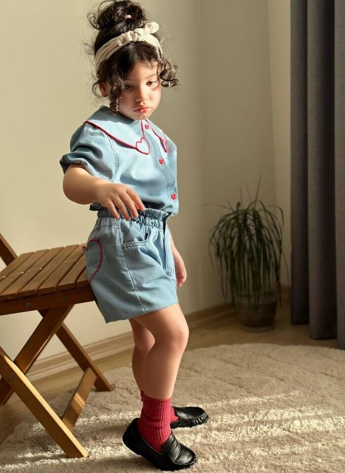 Kalp Detaylı Denim Takım