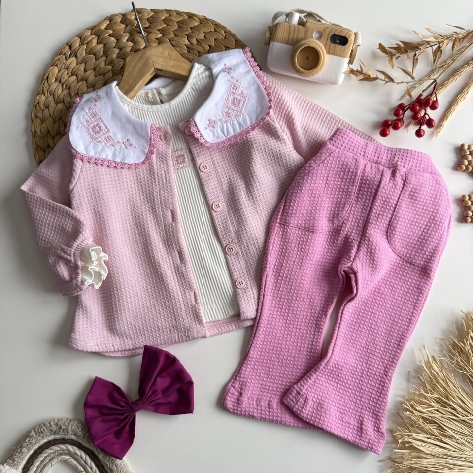 Pembe Gömlekli Kız Bebek Üçlü Takım ( 12 aydan/3 yaşa kadar)