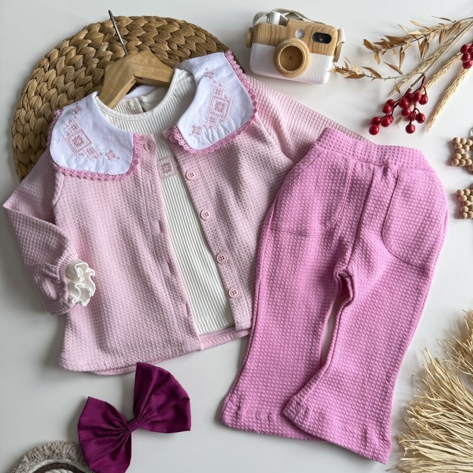 Pembe Gömlekli Kız Bebek Üçlü Takım ( 12 aydan/3 yaşa kadar)