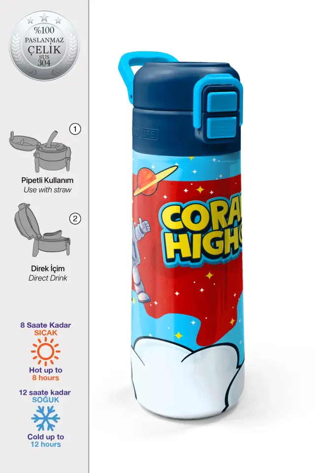 Coral High Kids Kırmızı Mavi Astronot Uzay Desenli Pipetli ve Direkt İçim Çelik Termos 500 ml 38127 Adet