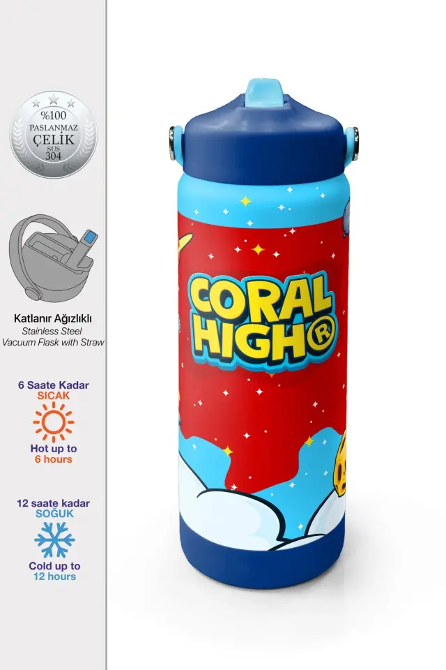Coral High Kırmızı Mavi Astronot Uzay Desenli Katlanır Ağızlıklı Çelik Termos 650 ml 38327 Adet