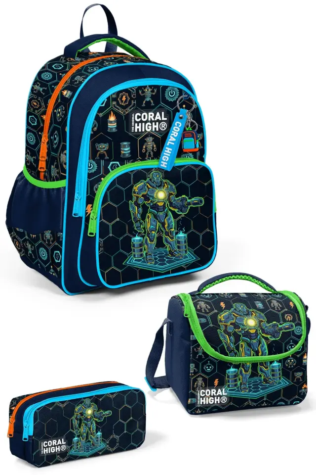 Coral High Kids Lacivert Robot Desenli 3'lü Okul Çanta Seti SET0133246 Adet